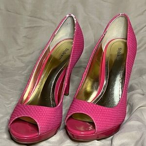 Pink Snake Print Peep-Toe Heels